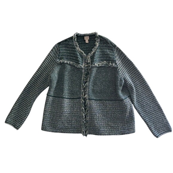 Chico's Green Tweed Fringe Open Front Cardigan Sweater Wool Blend Women's 3 XL - Picture 1 of 10